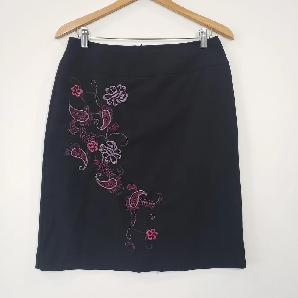Y2K Worthington Stretch Black Midi Skirt Floral Paisley Embroidery Size‎ 10 Work